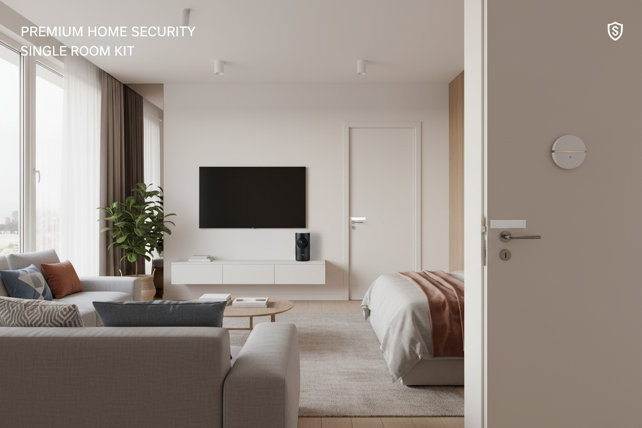 All-in-one room security kit with smart camera and sensors for bedroom, living room, and home office protection