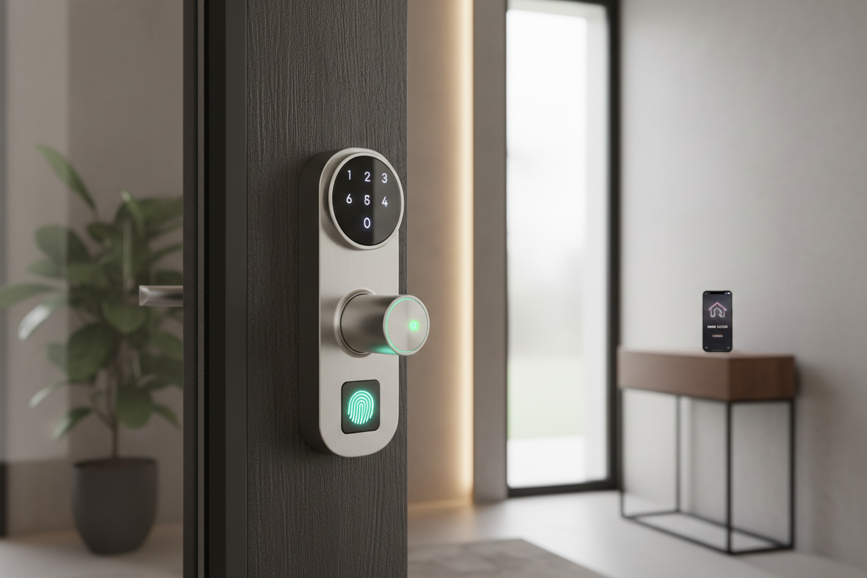 "Smart deadbolt with touchscreen keypad and biometric fingerprint access for keyless front door security — Pivot & Pulse"