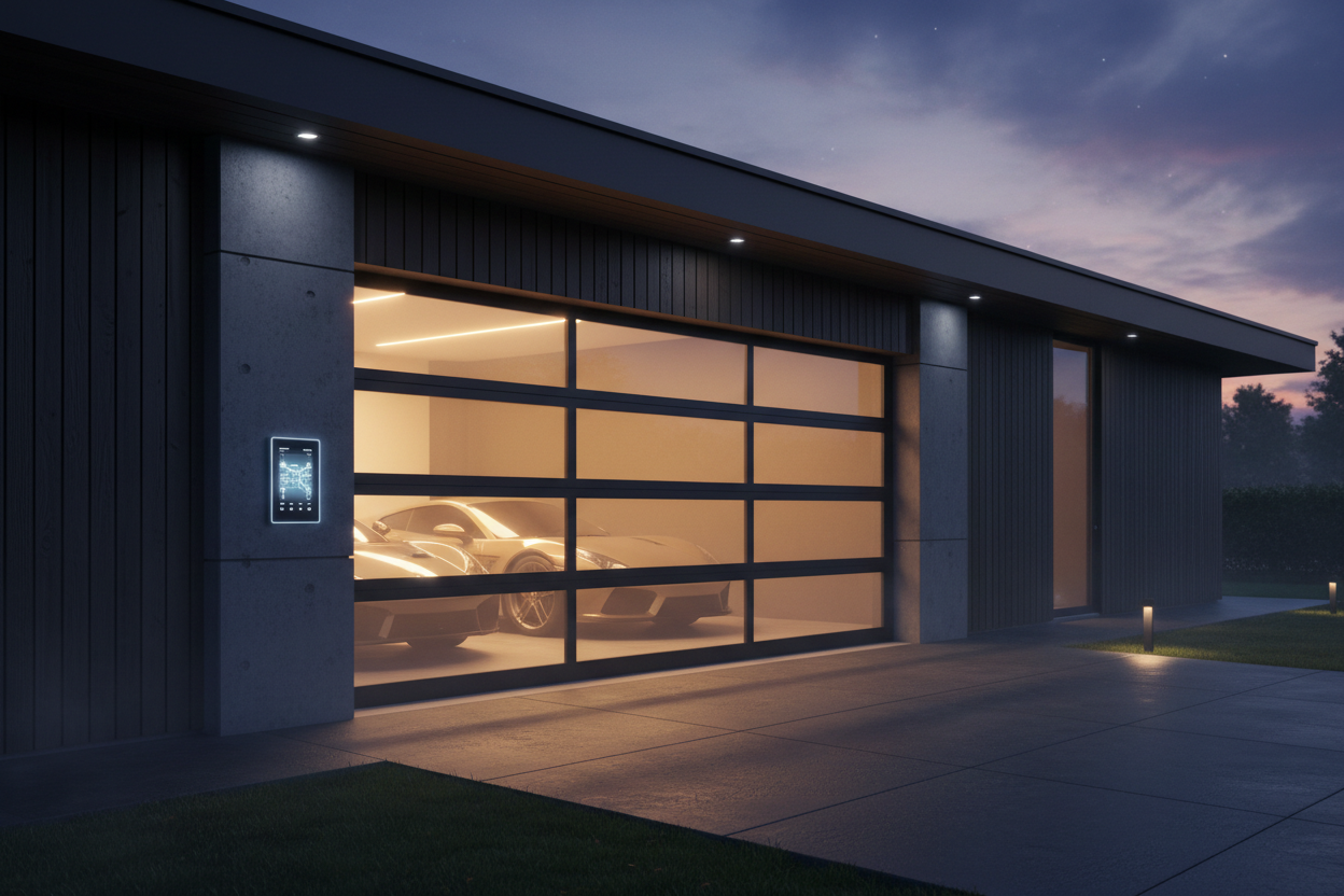 Smart garage door controller mounted in home garage with smartphone remote access app