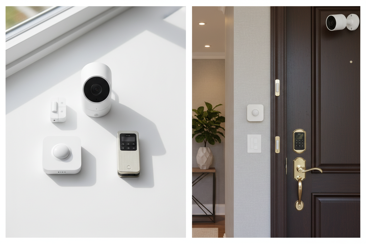 omplete DIY home security kit including smart cameras, door sensors, and central hub for easy setup